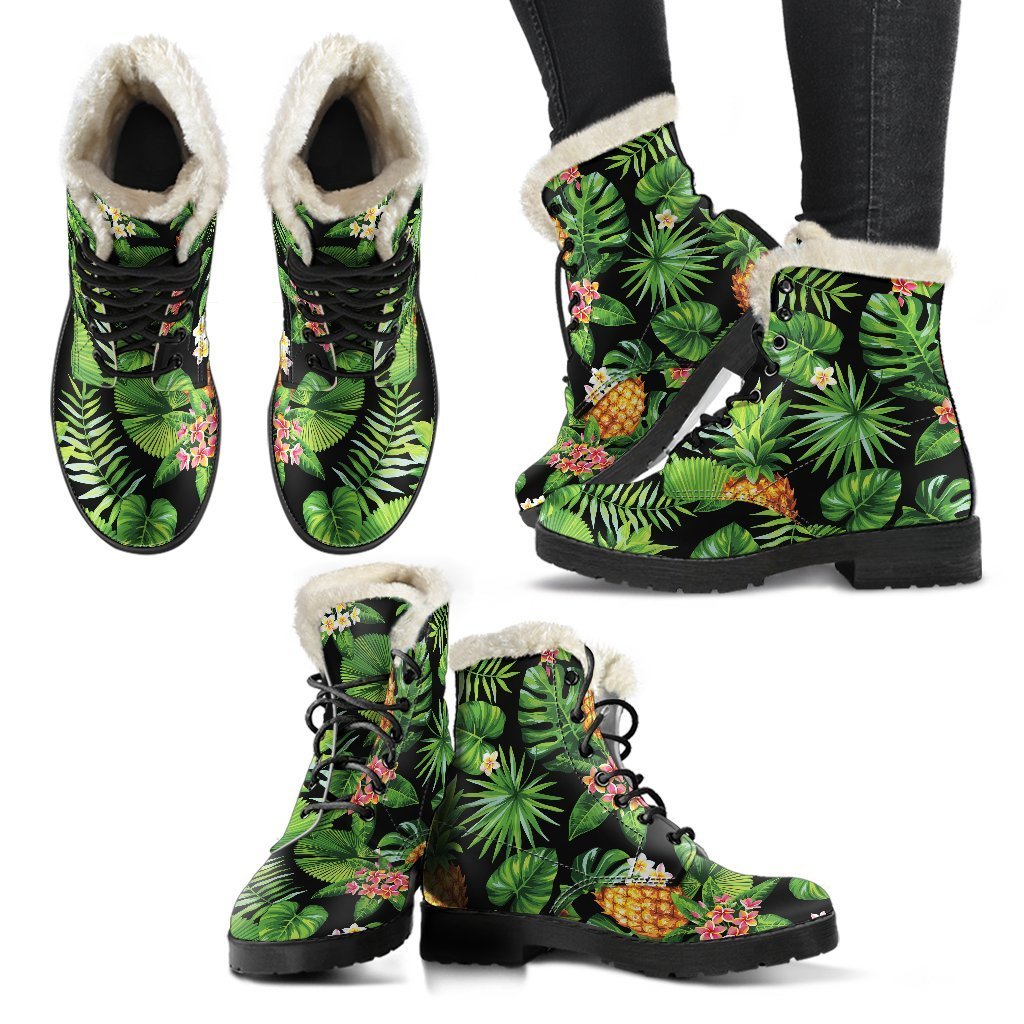 Boho Bliss: Black Hawaiian Pineapple Faux Fur Leather Boots for the Free-Spirited Hippie - 2