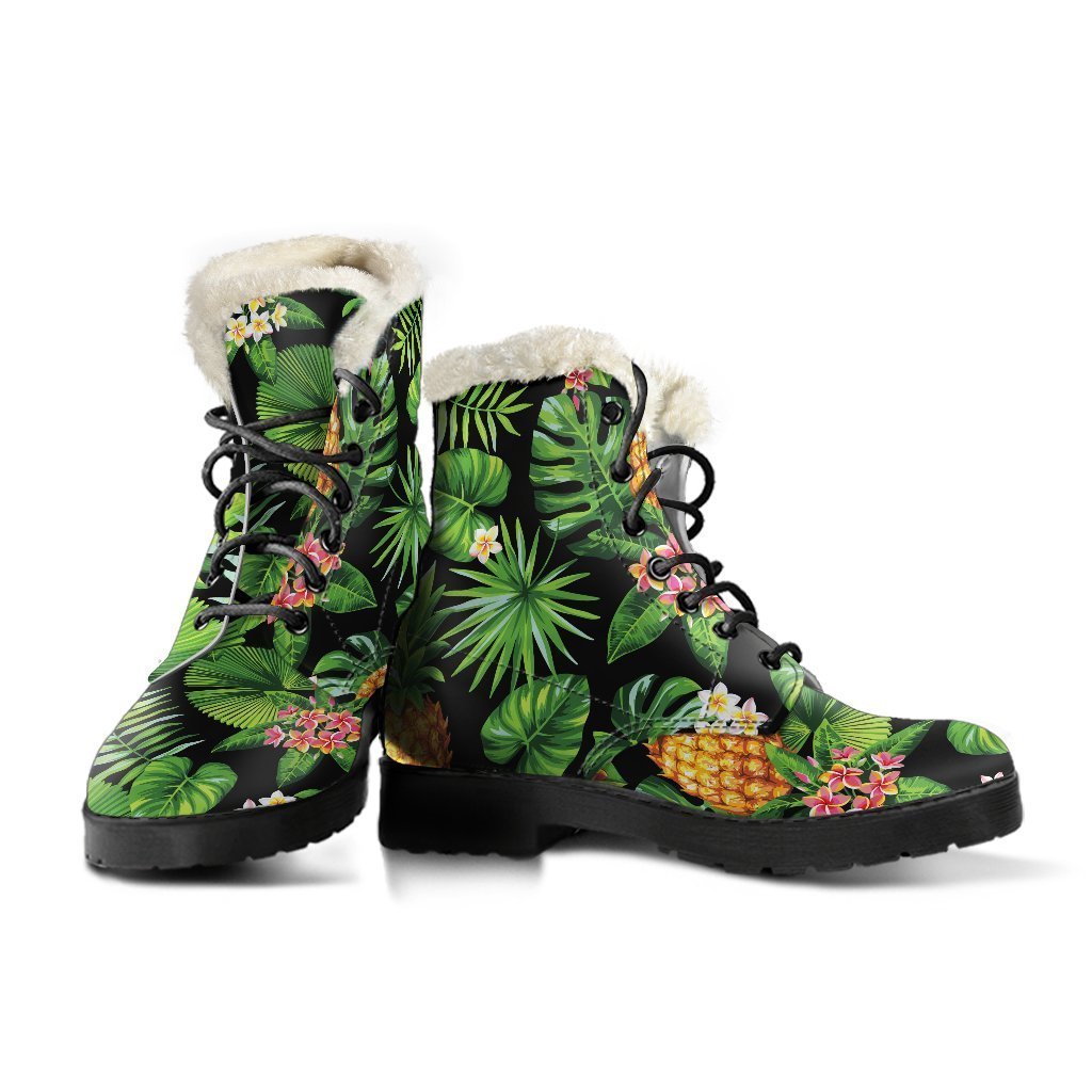 Boho Bliss: Black Hawaiian Pineapple Faux Fur Leather Boots for the Free-Spirited Hippie - 3