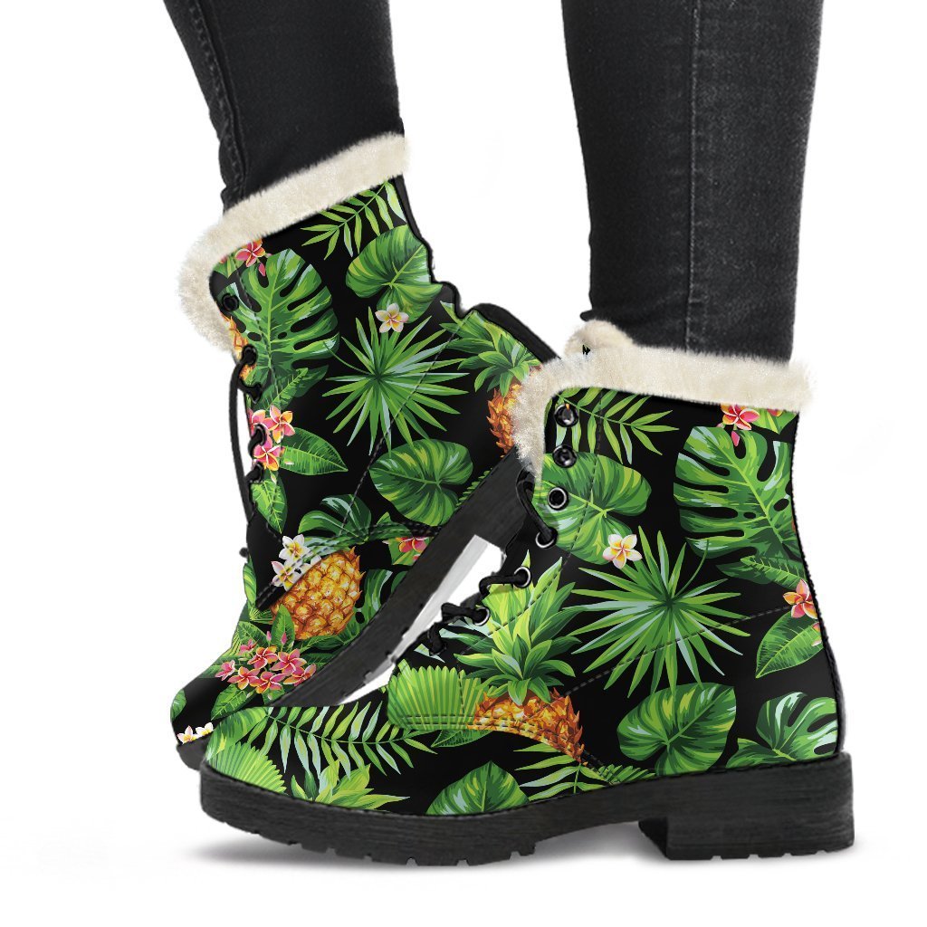 Boho Bliss: Black Hawaiian Pineapple Faux Fur Leather Boots for the Free-Spirited Hippie - 1