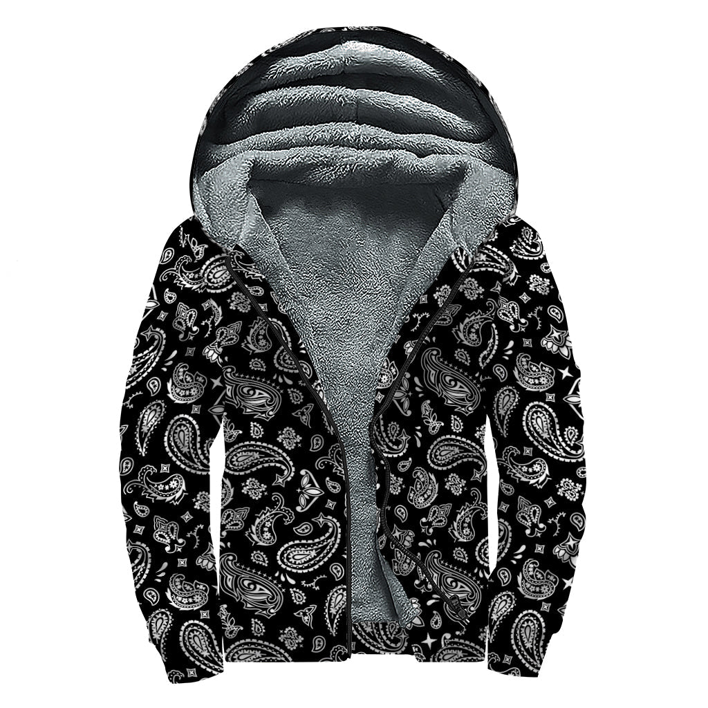 Black Paisley Bandana Pattern Sherpa Lined Zip Up Hoodie for Groovy Hippies - 1