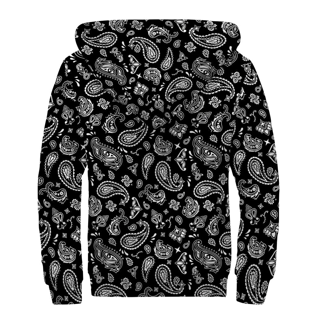 Black Paisley Bandana Pattern Sherpa Lined Zip Up Hoodie for Groovy Hippies - 2