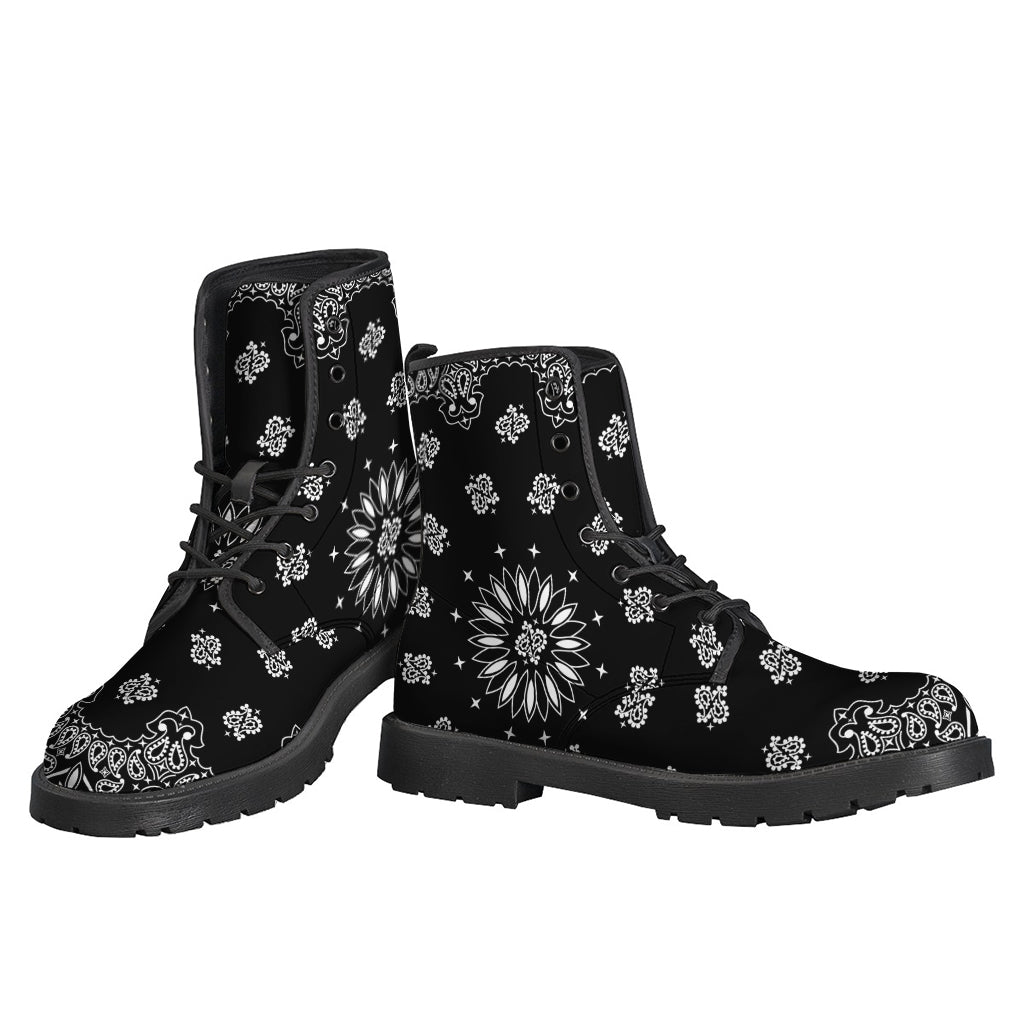 Black Paisley Bandana Print Leather Boots: Step Out in Hippie Style - 3