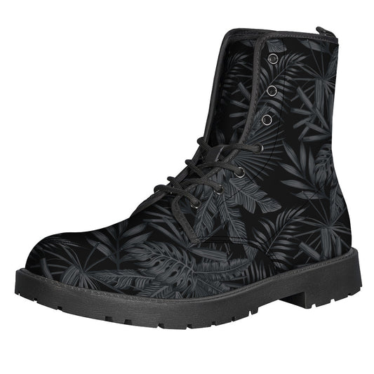 Black Palm Leaf Aloha Pattern Print Leather Boots for the Free-Spirited Hippie - 1