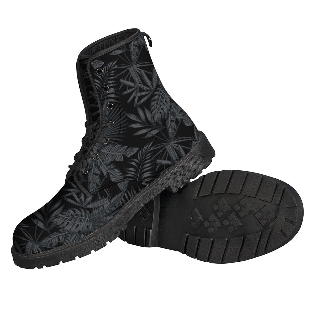 Black Palm Leaf Aloha Pattern Print Leather Boots for the Free-Spirited Hippie - 2