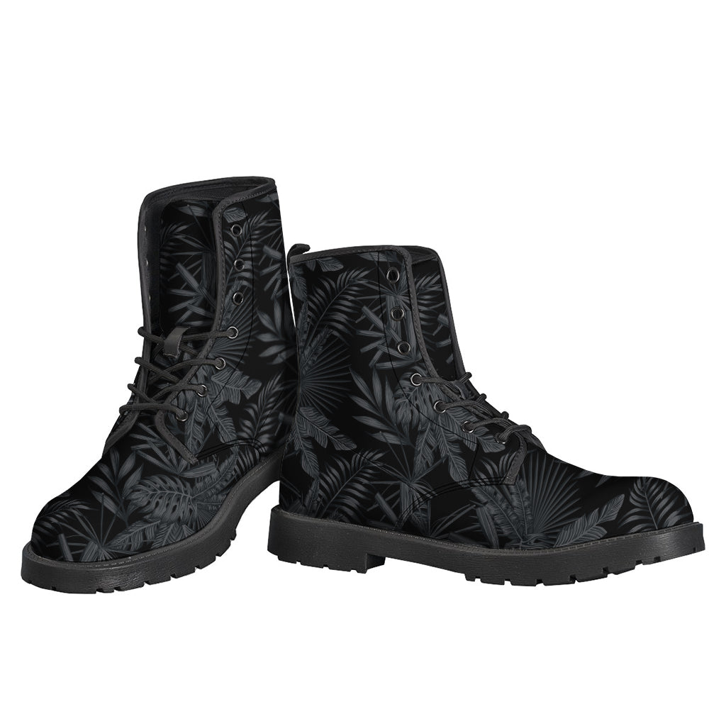 Black Palm Leaf Aloha Pattern Print Leather Boots for the Free-Spirited Hippie - 3