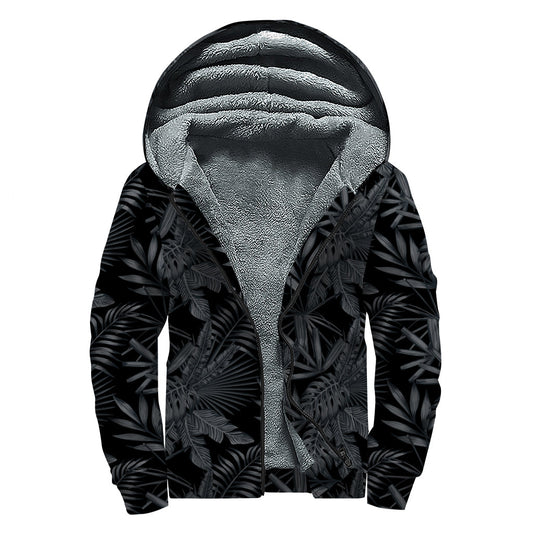 Black Palm Leaf Aloha Sherpa Lined Zip Up Hoodie for Free Spirited Hippies - 1