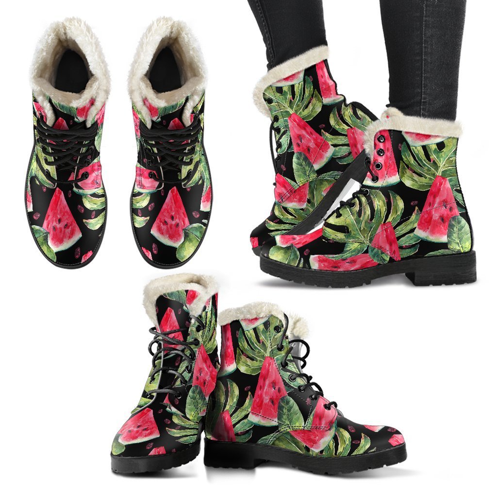 Black Palm Leaf Watermelon Faux Fur Leather Hippie Boots - 2