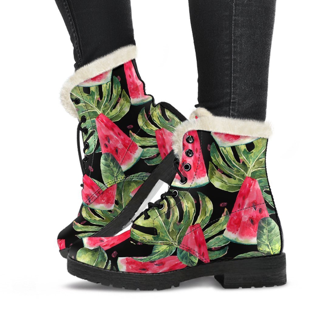 Black Palm Leaf Watermelon Faux Fur Leather Hippie Boots - 1