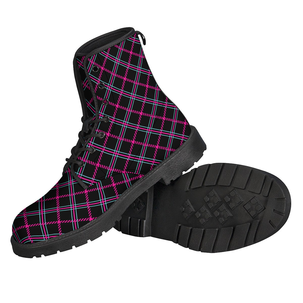 Groovy Gypsy Leather Lightweight Boots in Black, Pink, and Blue Tartan Pattern - 2