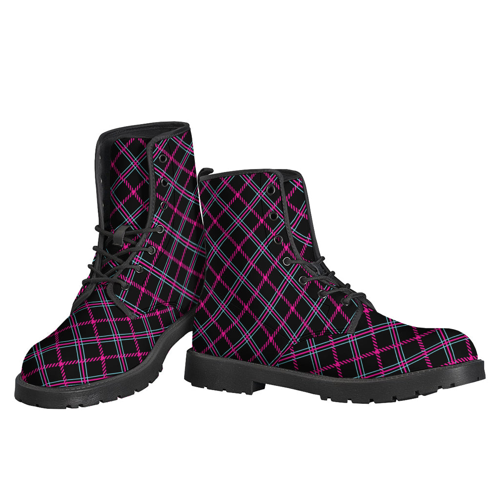 Groovy Gypsy Leather Lightweight Boots in Black, Pink, and Blue Tartan Pattern - 3