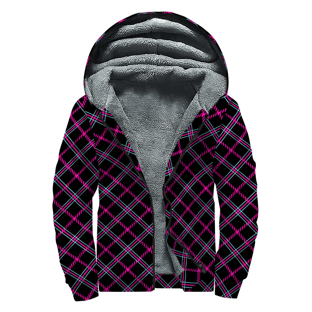 Groovy Vibes: Black, Pink, and Blue Tartan Sherpa Lined Zip Up Hoodie for Stylish Hippies - 1