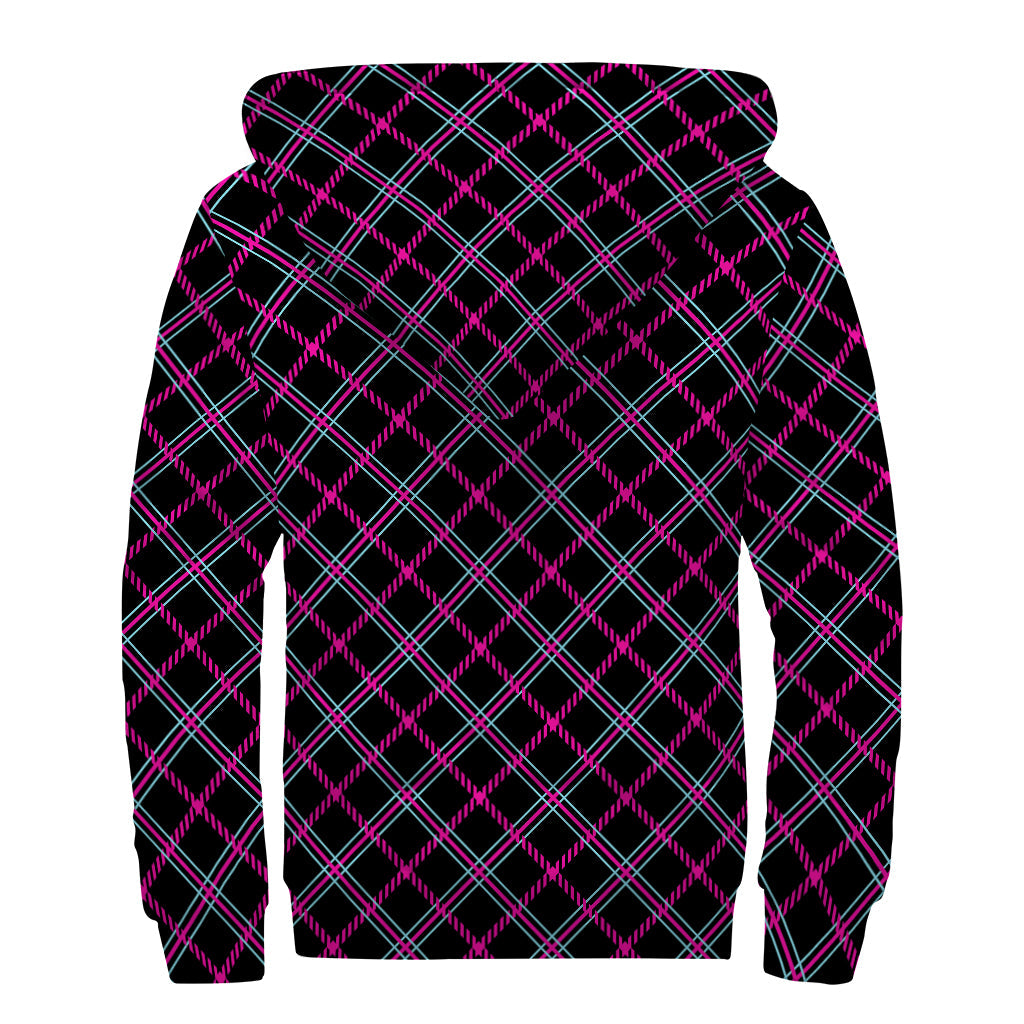 Groovy Vibes: Black, Pink, and Blue Tartan Sherpa Lined Zip Up Hoodie for Stylish Hippies - 2