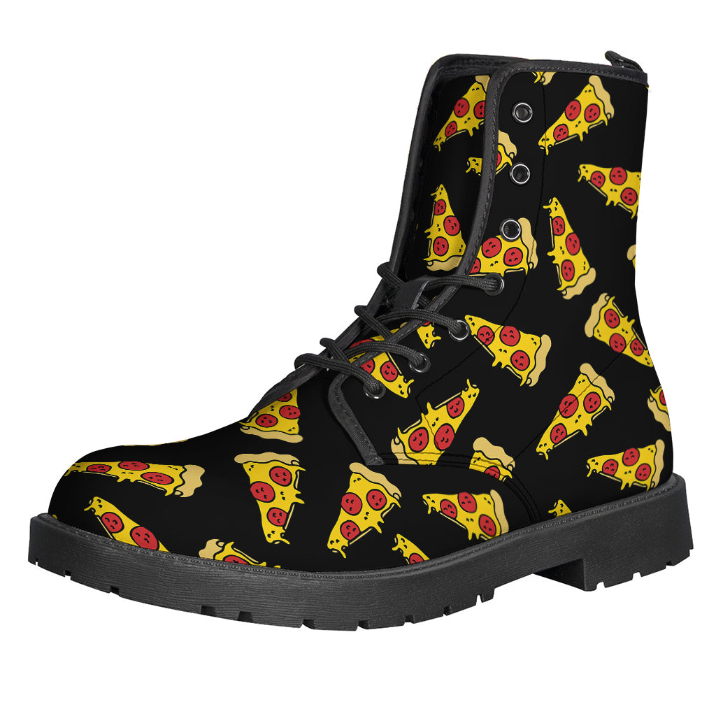 Black Pizza Pattern Print Leather Hippie Boots - 1