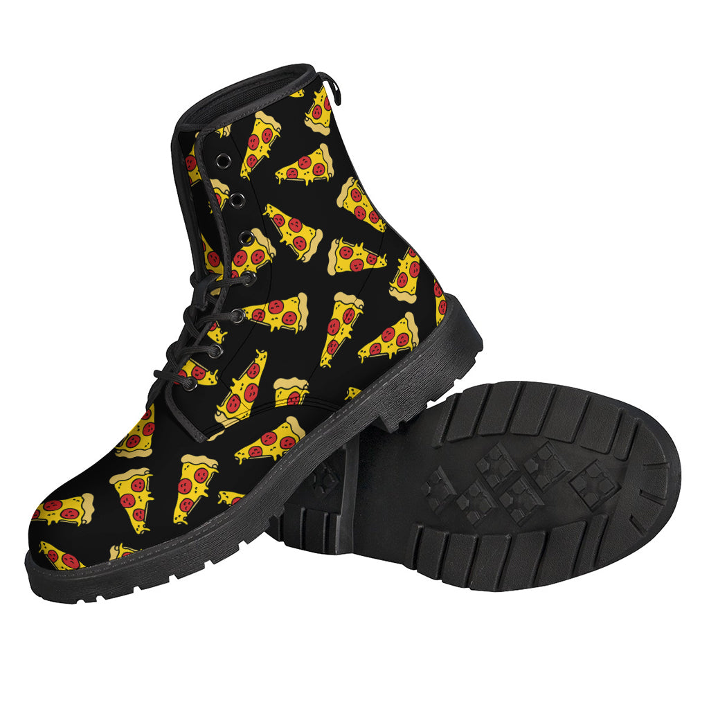 Black Pizza Pattern Print Leather Hippie Boots - 2