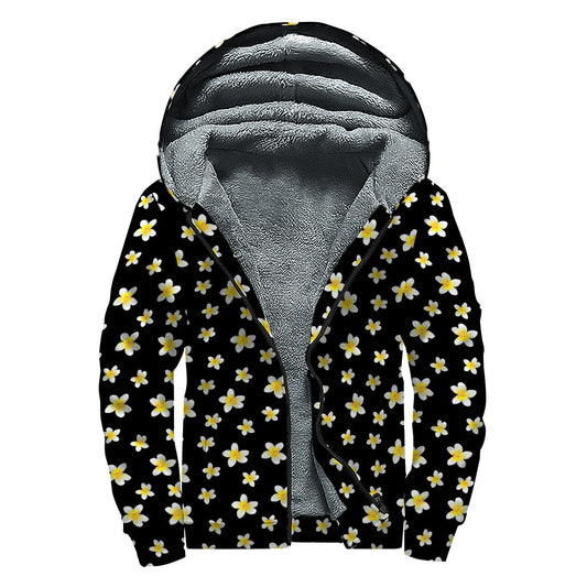 Black Plumeria Flower Pattern Sherpa Lined Zip Up Hoodie for the Free-Spirited Hippie - 1