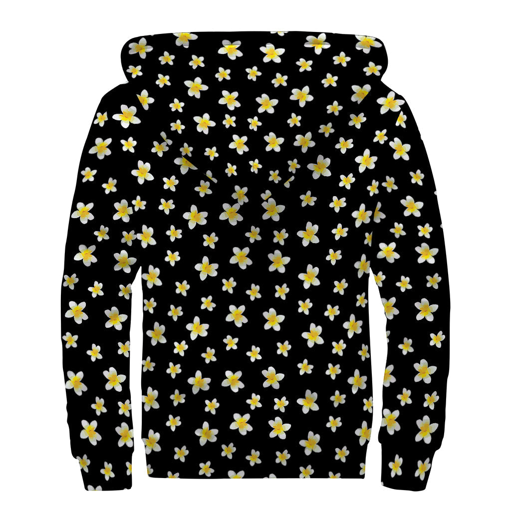 Black Plumeria Flower Pattern Sherpa Lined Zip Up Hoodie for the Free-Spirited Hippie - 2