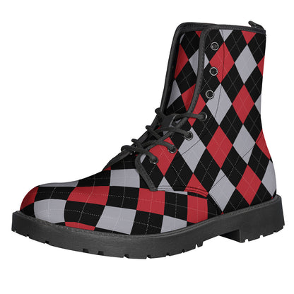 Groovy Vibes: Black, Red, and Grey Argyle Pattern Leather Lightweight Boots for Hippies - 1