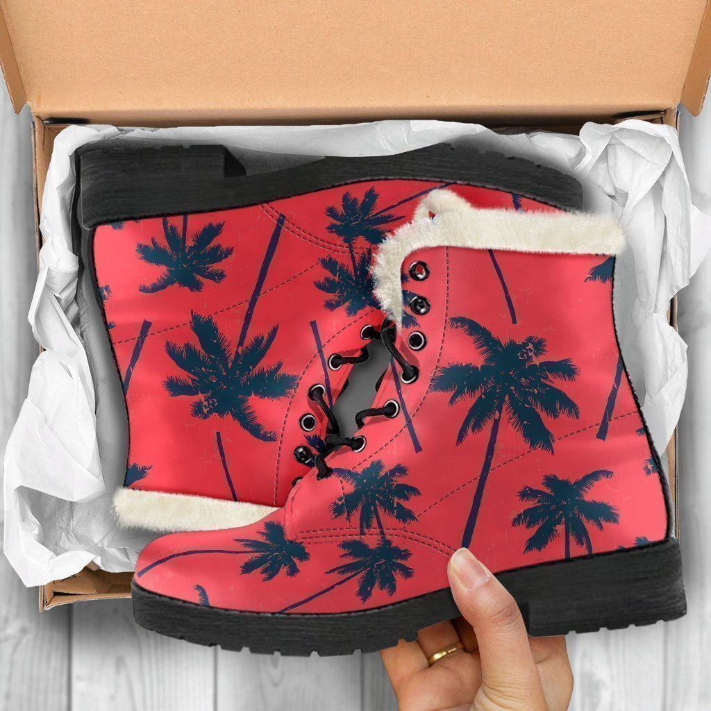 Boho Chic Palm Tree Pattern Faux Fur Leather Boots - 5