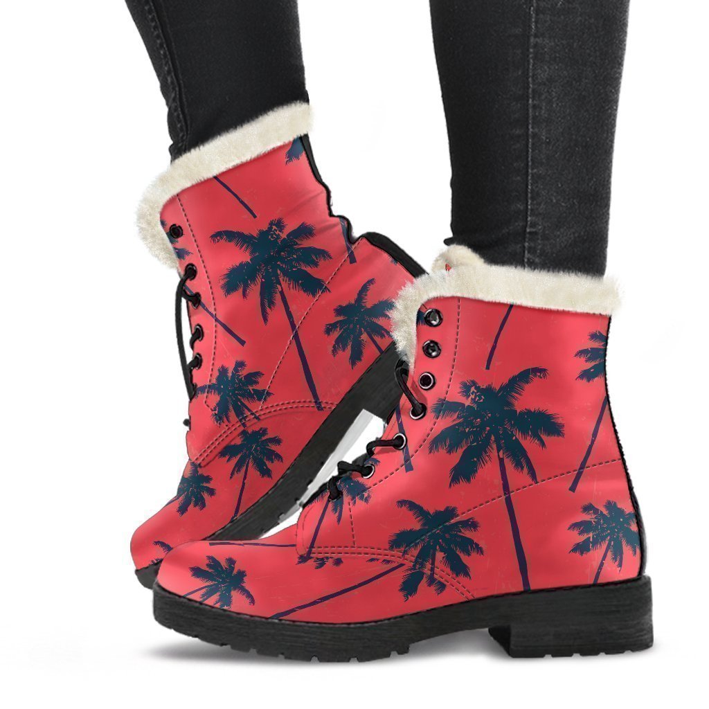 Boho Chic Palm Tree Pattern Faux Fur Leather Boots - 1