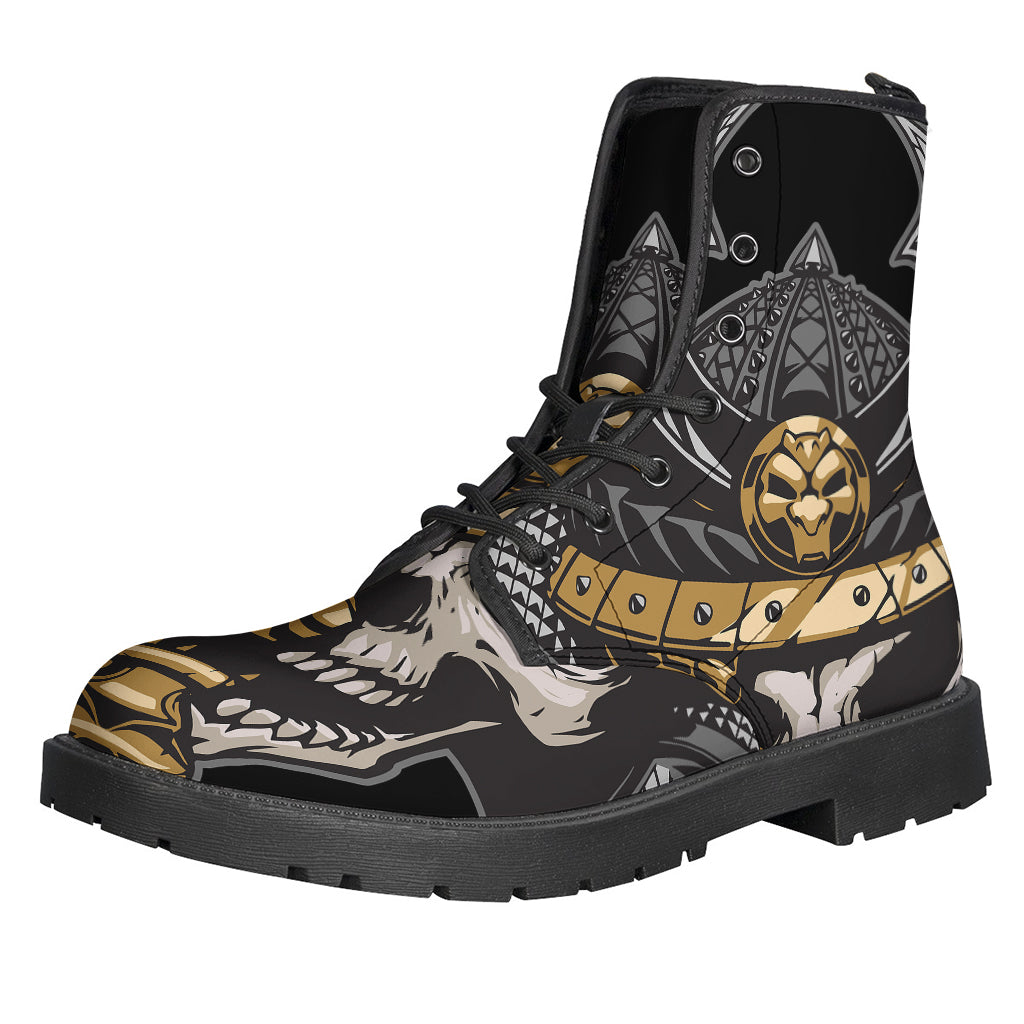 Get Groovy in these Black Samurai Skull Print Leather Boots for Hippies! - 1