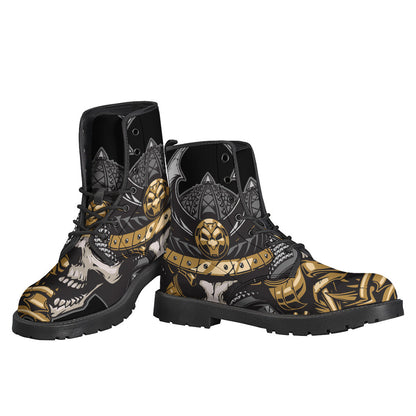 Get Groovy in these Black Samurai Skull Print Leather Boots for Hippies! - 3