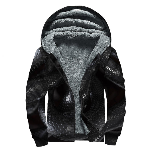 Black Snake Print Hippie Sherpa Lined Zip Up Hoodie - 1