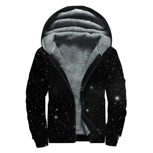 Black Space Print Sherpa Lined Zip Up Hoodie for Groovy Hippies - 1