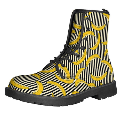 Groovy Black Striped Banana Pattern Leather Boots for Free-Spirited Hippies - 1