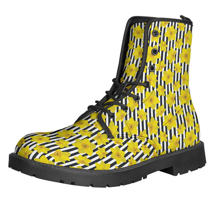 Boho Chic: Black Striped Daffodil Pattern Leather Boots for Modern Hippies - 1