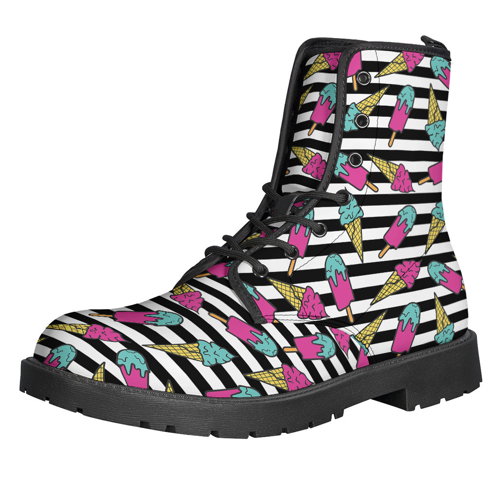 Groovy Black Striped Ice Cream Pattern Leather Boots for Free-Spirited Hippies - 1