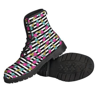 Groovy Black Striped Ice Cream Pattern Leather Boots for Free-Spirited Hippies - 2