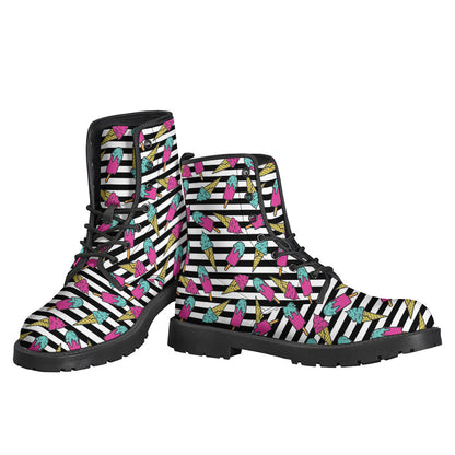 Groovy Black Striped Ice Cream Pattern Leather Boots for Free-Spirited Hippies - 3