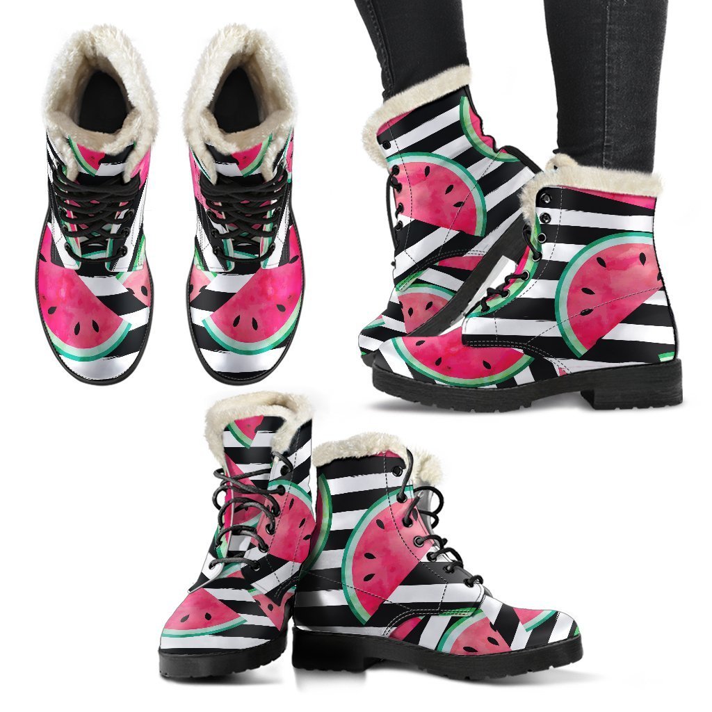 Get Groovy with these Black Striped Watermelon Pattern Faux Fur Leather Boots! - 2