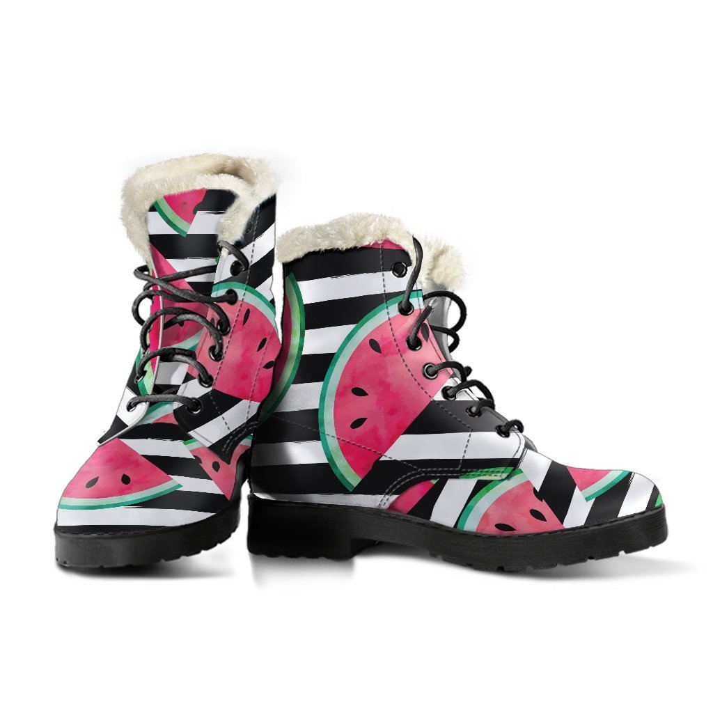 Get Groovy with these Black Striped Watermelon Pattern Faux Fur Leather Boots! - 3