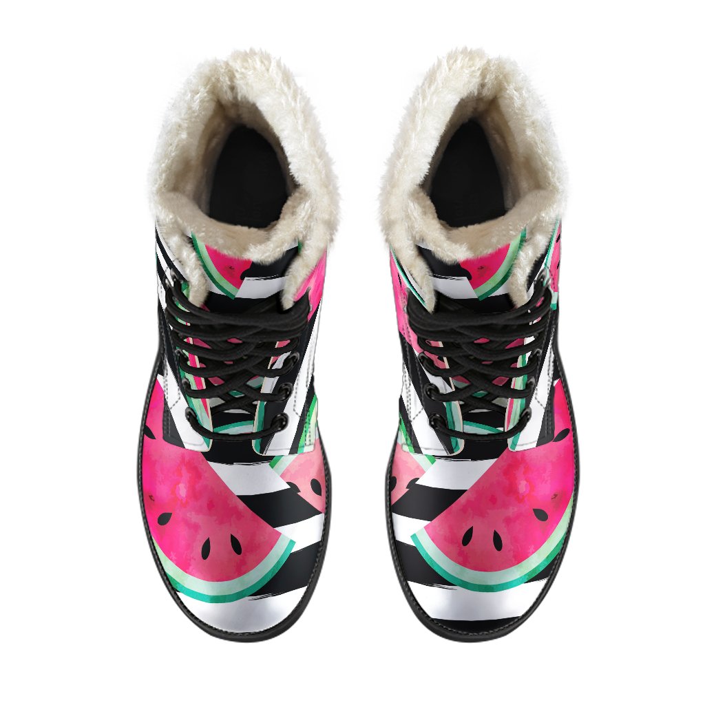 Get Groovy with these Black Striped Watermelon Pattern Faux Fur Leather Boots! - 4