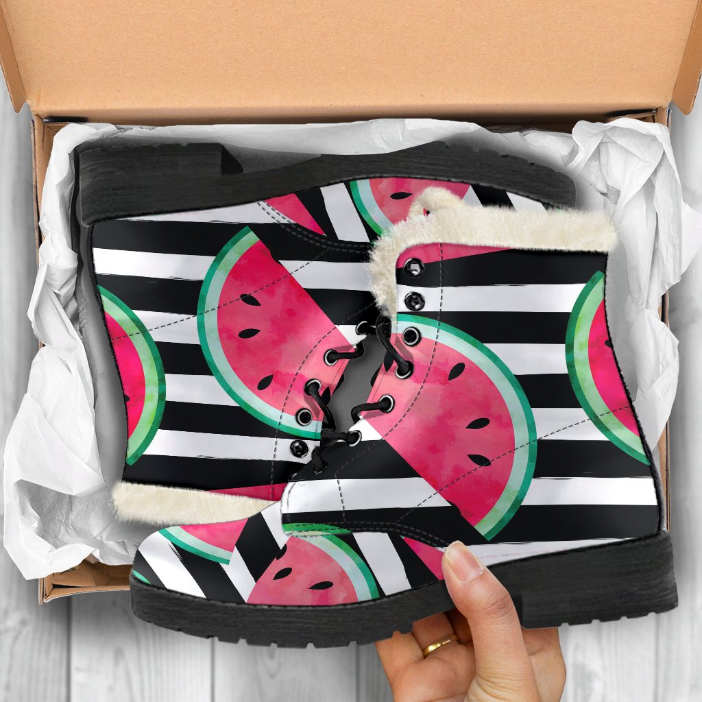 Get Groovy with these Black Striped Watermelon Pattern Faux Fur Leather Boots! - 5