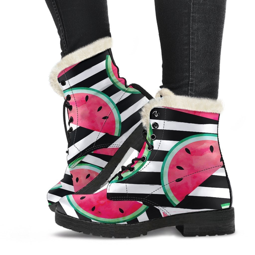 Get Groovy with these Black Striped Watermelon Pattern Faux Fur Leather Boots! - 1