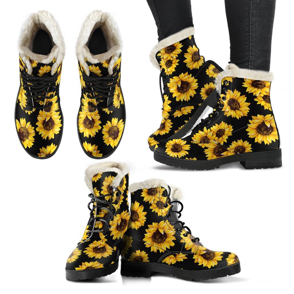 Bohemian Bliss: Black Sunflower Faux Fur Leather Boots for the Free-Spirited Hippie - 2