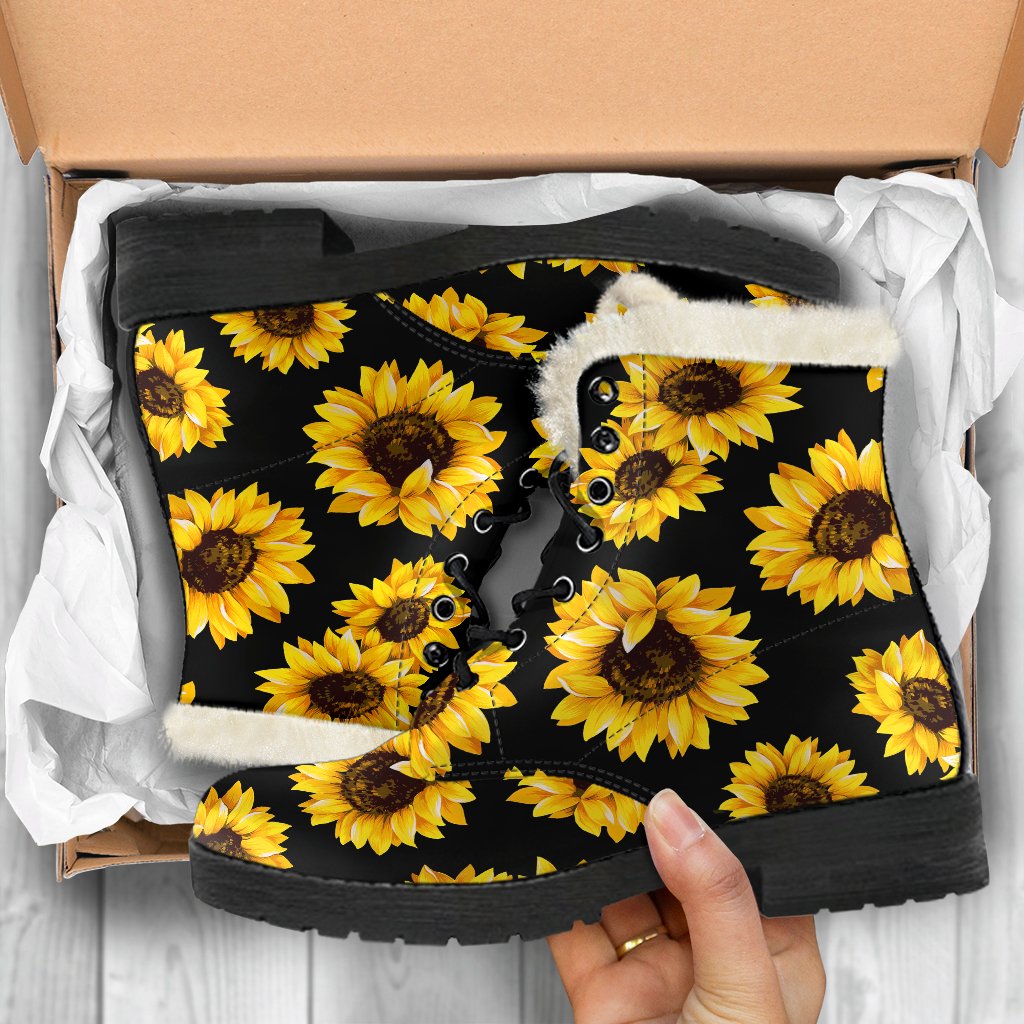 Bohemian Bliss: Black Sunflower Faux Fur Leather Boots for the Free-Spirited Hippie - 5