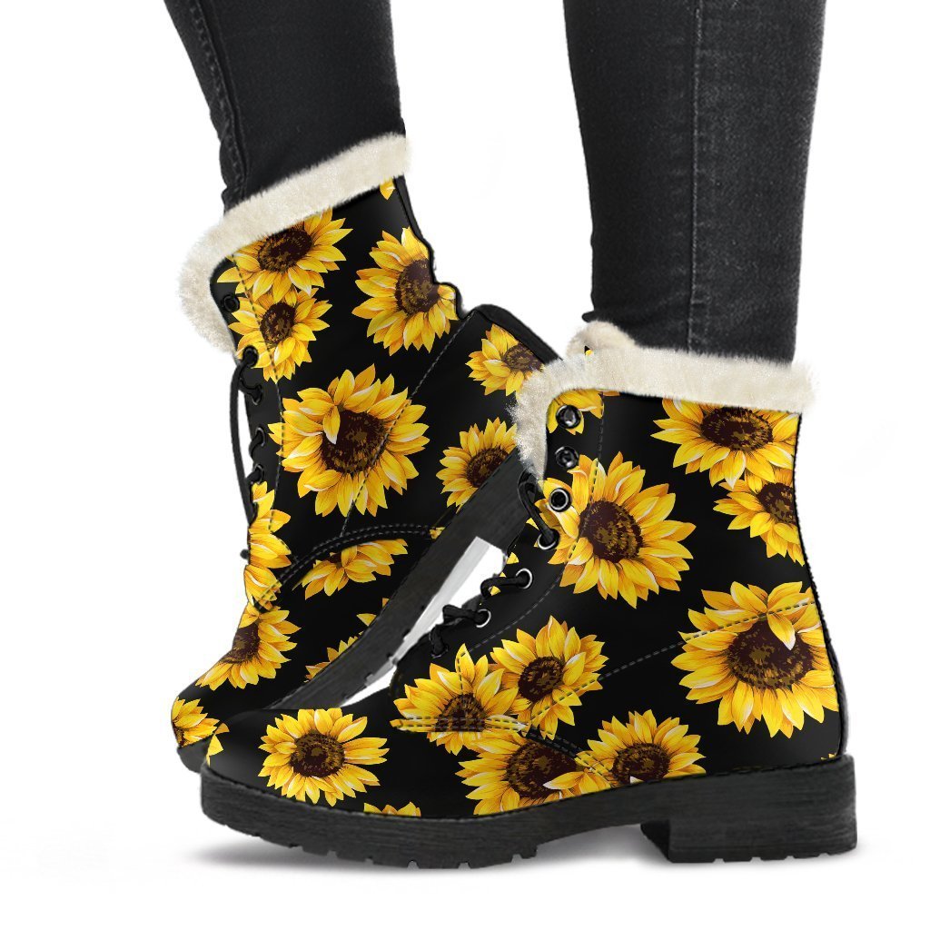 Bohemian Bliss: Black Sunflower Faux Fur Leather Boots for the Free-Spirited Hippie - 1