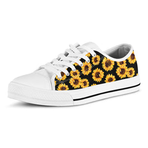 Emerald Blossoms - Black Sunflower Pattern Print White Low Top Sneakers For Hippie