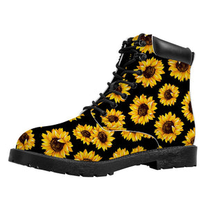 Emerald Blossoms - Black Sunflower Pattern Print Work Boots For Hippie