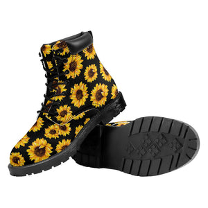 Emerald Blossoms - Black Sunflower Pattern Print Work Boots For Hippie