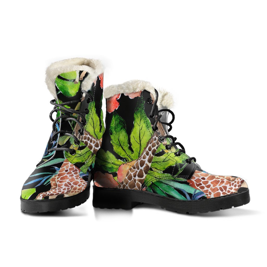 Groovy Black Tropical Giraffe Print Faux Fur Leather Boots for Trendy Hippies - 3