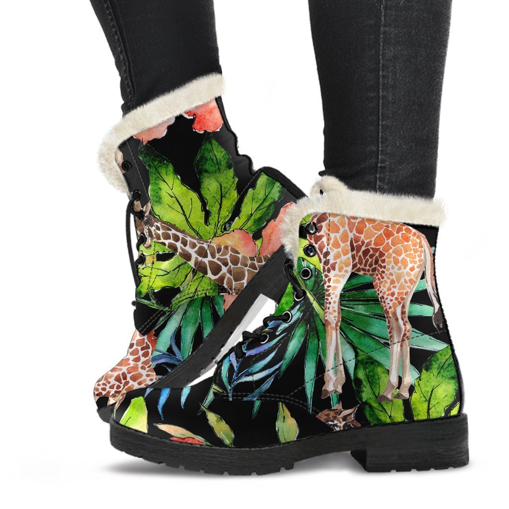 Groovy Black Tropical Giraffe Print Faux Fur Leather Boots for Trendy Hippies - 1