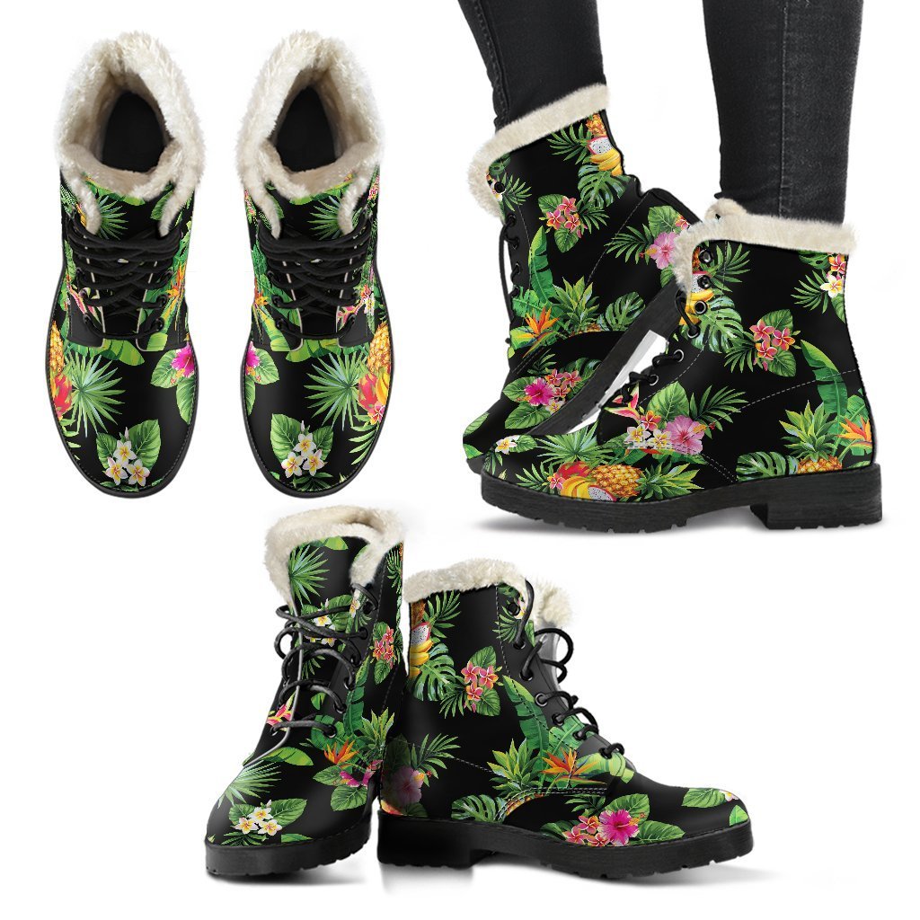 Groovy Vibes: Black Tropical Hawaiian Faux Fur Leather Boots for the Free-Spirited Hippie - 2