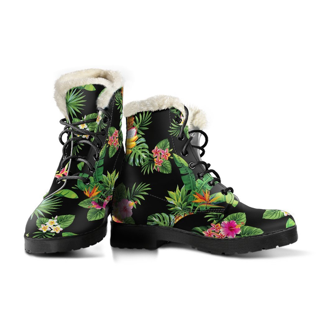 Groovy Vibes: Black Tropical Hawaiian Faux Fur Leather Boots for the Free-Spirited Hippie - 3