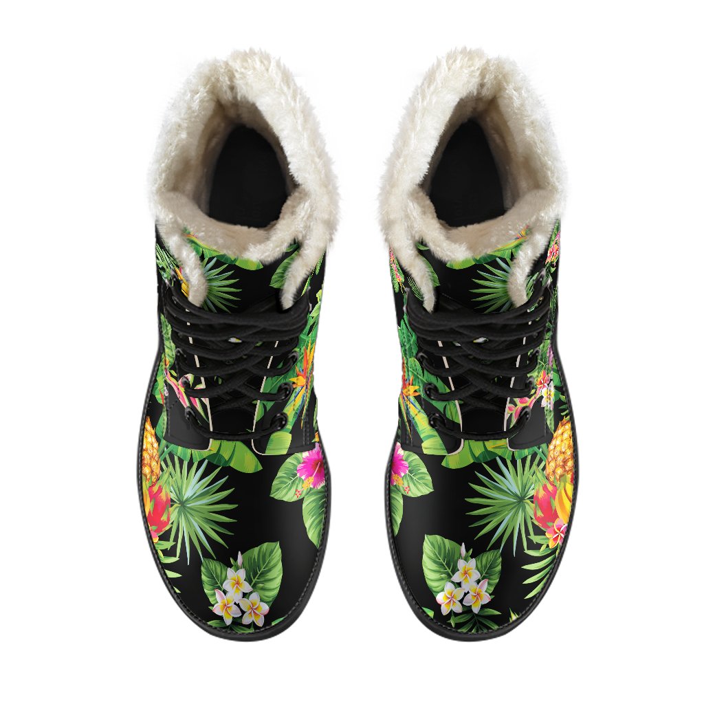 Groovy Vibes: Black Tropical Hawaiian Faux Fur Leather Boots for the Free-Spirited Hippie - 4