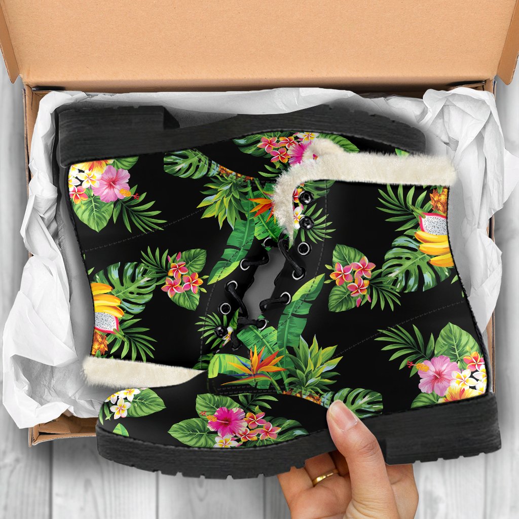 Groovy Vibes: Black Tropical Hawaiian Faux Fur Leather Boots for the Free-Spirited Hippie - 5