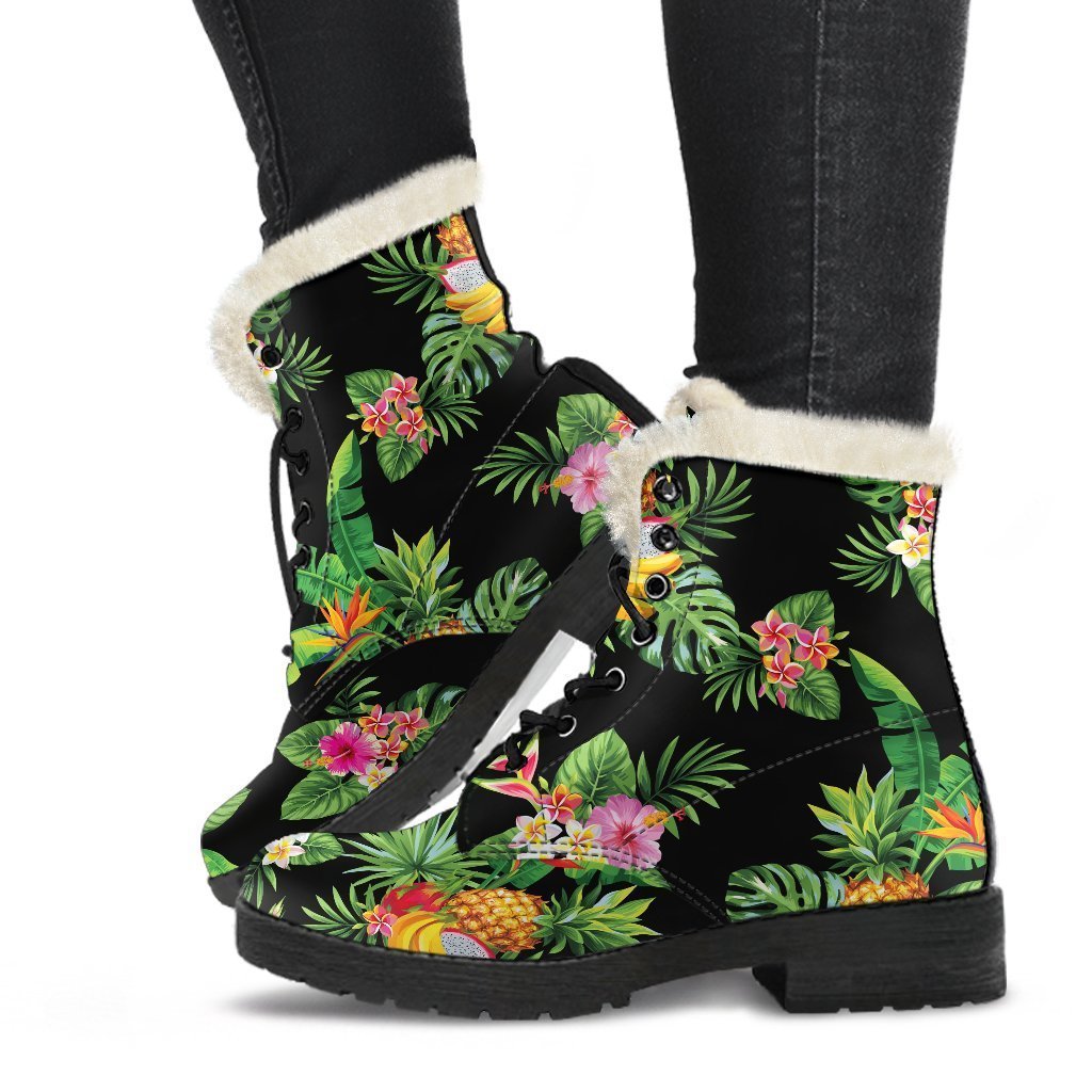 Groovy Vibes: Black Tropical Hawaiian Faux Fur Leather Boots for the Free-Spirited Hippie - 1